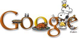 Logo Google avec Snoopy et Woodstock en toques de cuisinier, une dinde rôtie et une tarte aux pommes